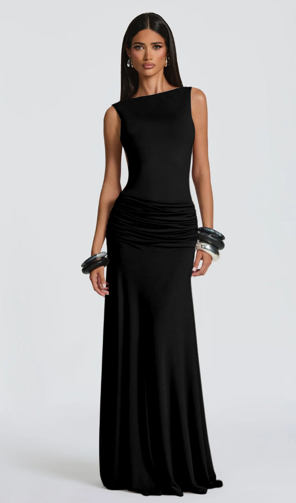 Open Back Bodysuit & Maxi Skirt Set In Black