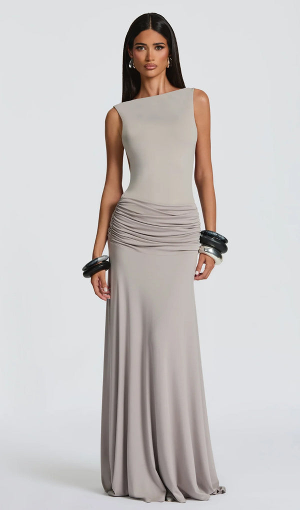 Open Back Bodysuit & Maxi Skirt Set In Grey