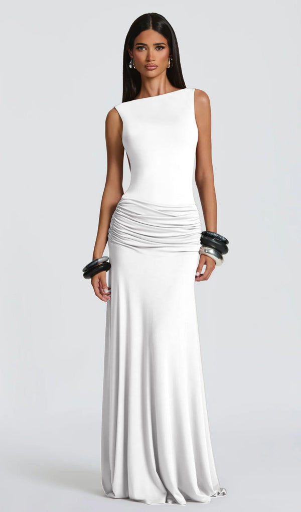 Open Back Bodysuit & Maxi Skirt Set In White