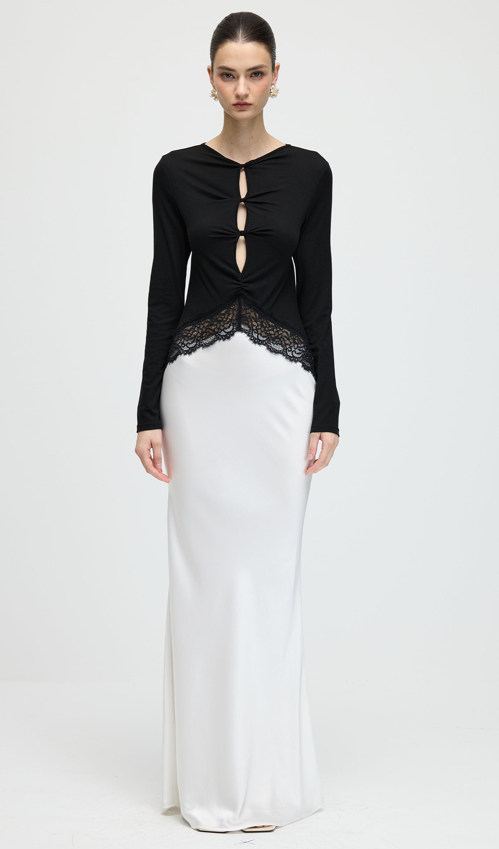 Open Twist Lace Maxi Dress In Black & White