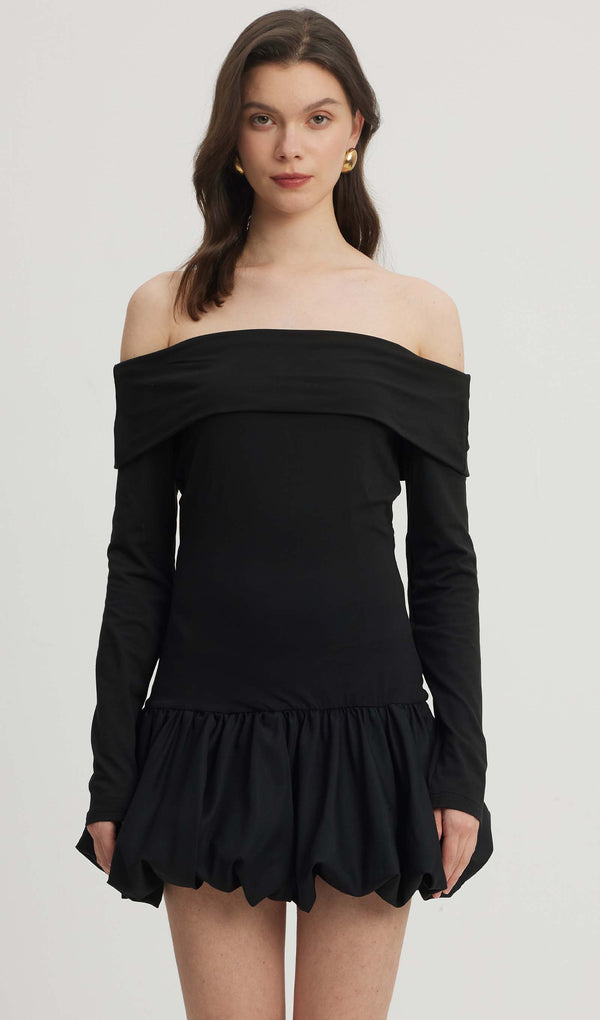 Open Shoulders Balloon Mini Dress-Black