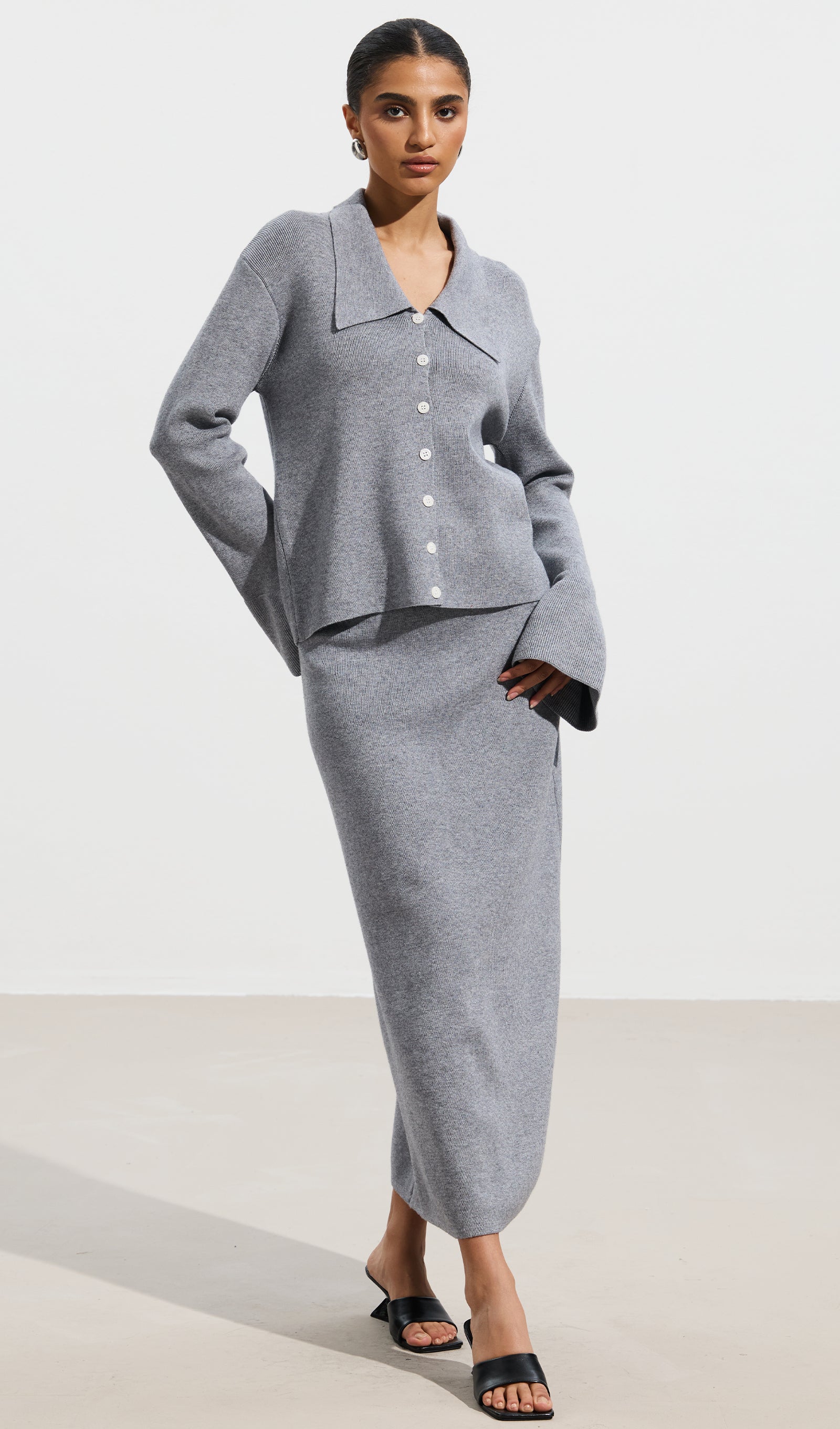 Oversized Collar Knit Top & Midi Skirt Set