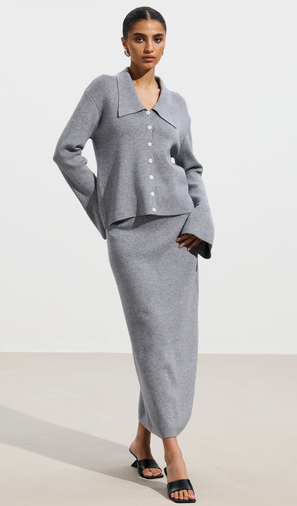 Oversized Collar Knit Top & Midi Skirt Set