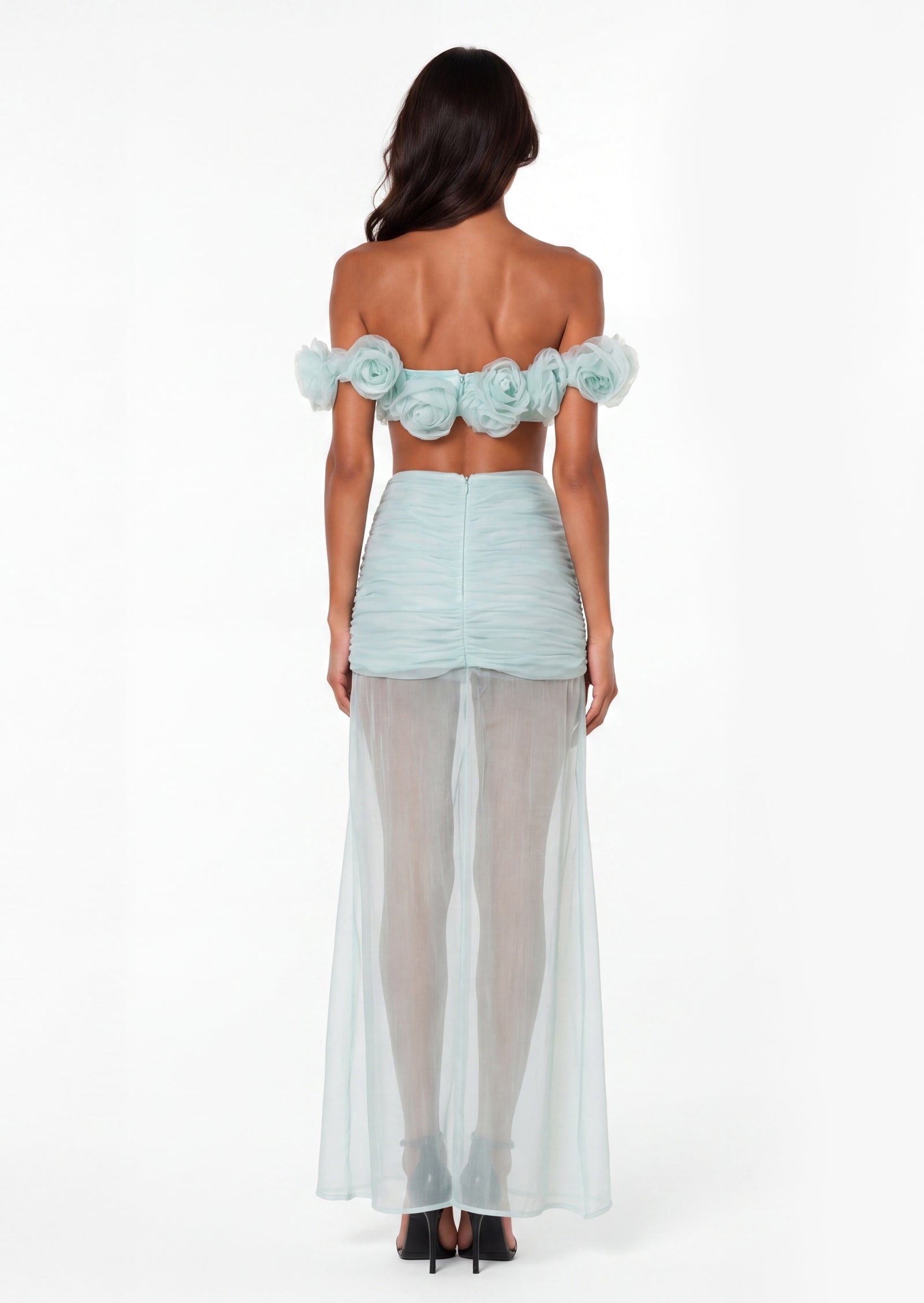 Nouria Flower Top & Sheer Skirt Set In Green