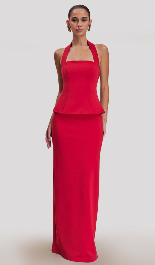 Peplum Halter Maxi Dress In Ruby