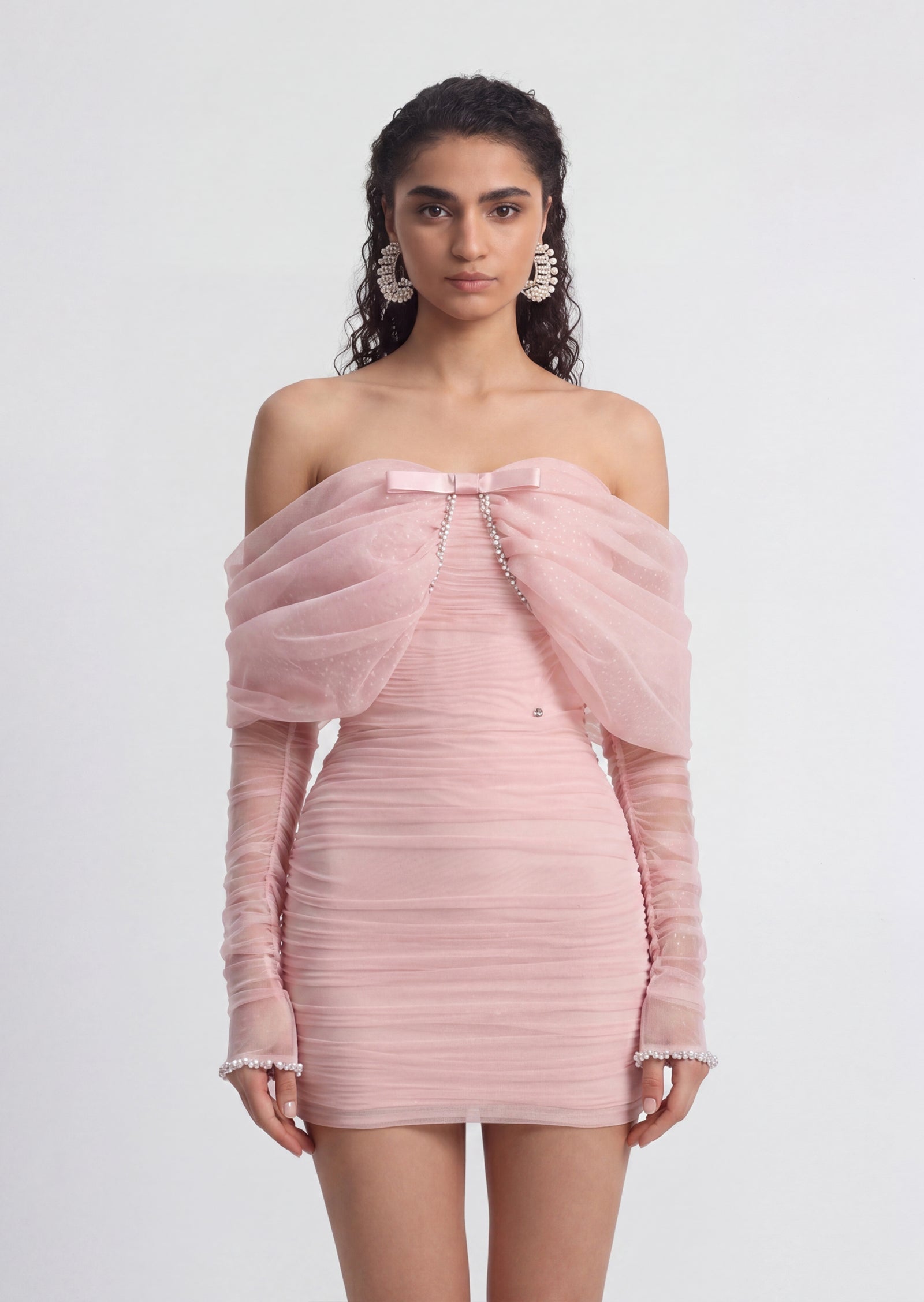 Keren Beaded Bow Strapless Mini Dress In Pink