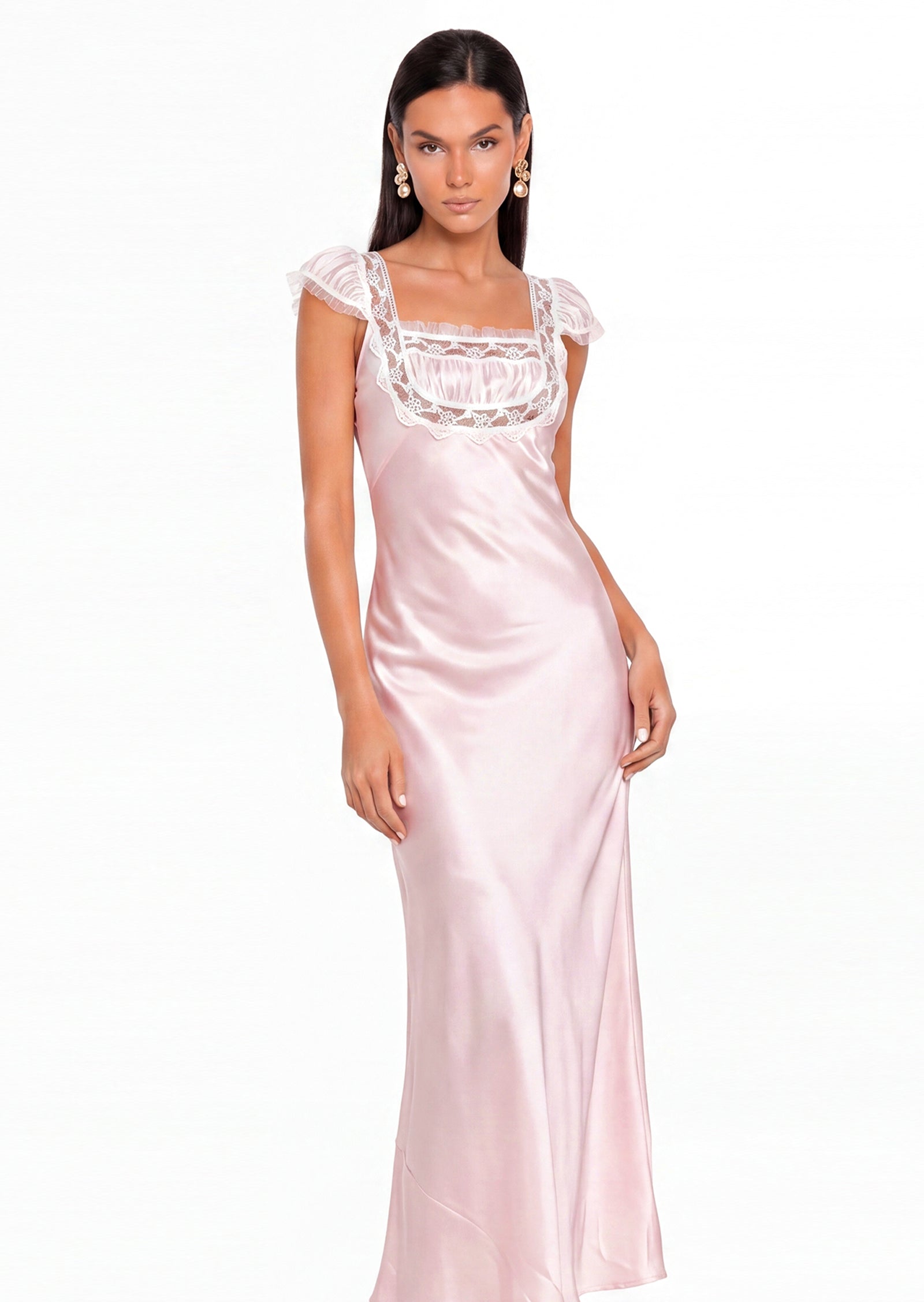 Fadia Satin Maxi Dress With Lace In Pink