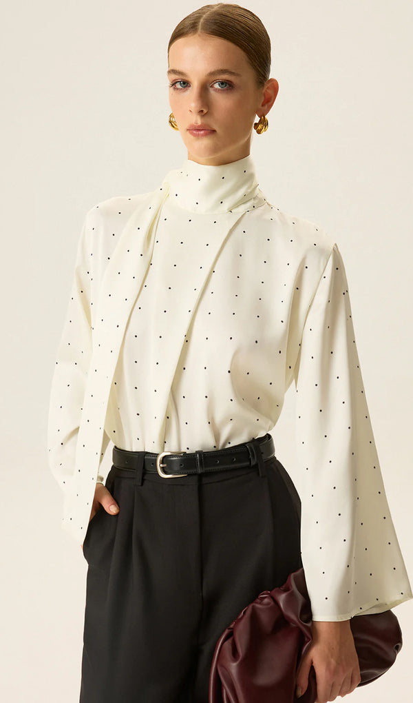 Polka Dot Satin High-Neck Blouse