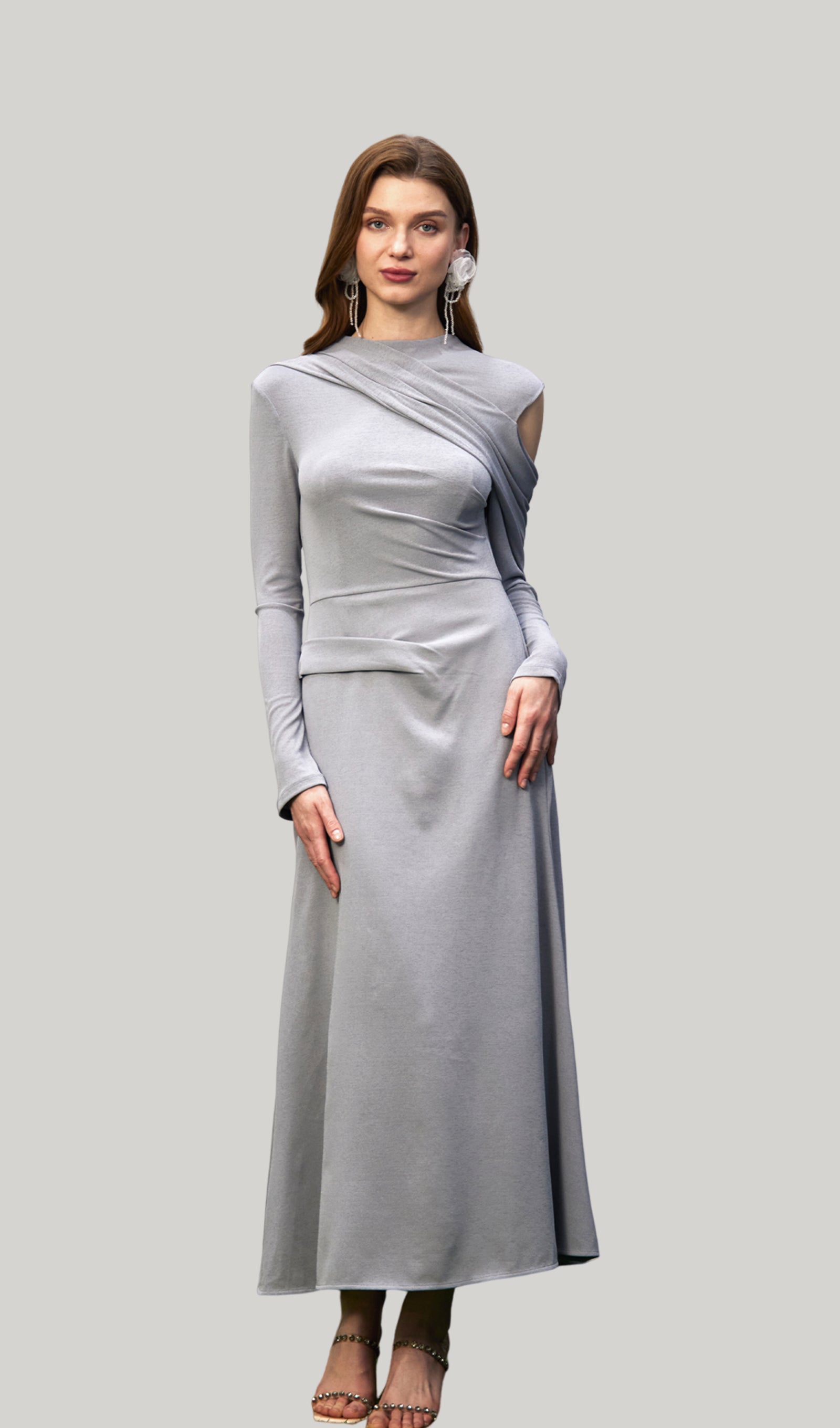 Midikleid in A-Linie mit Blumenmuster und Laternenärmeln
