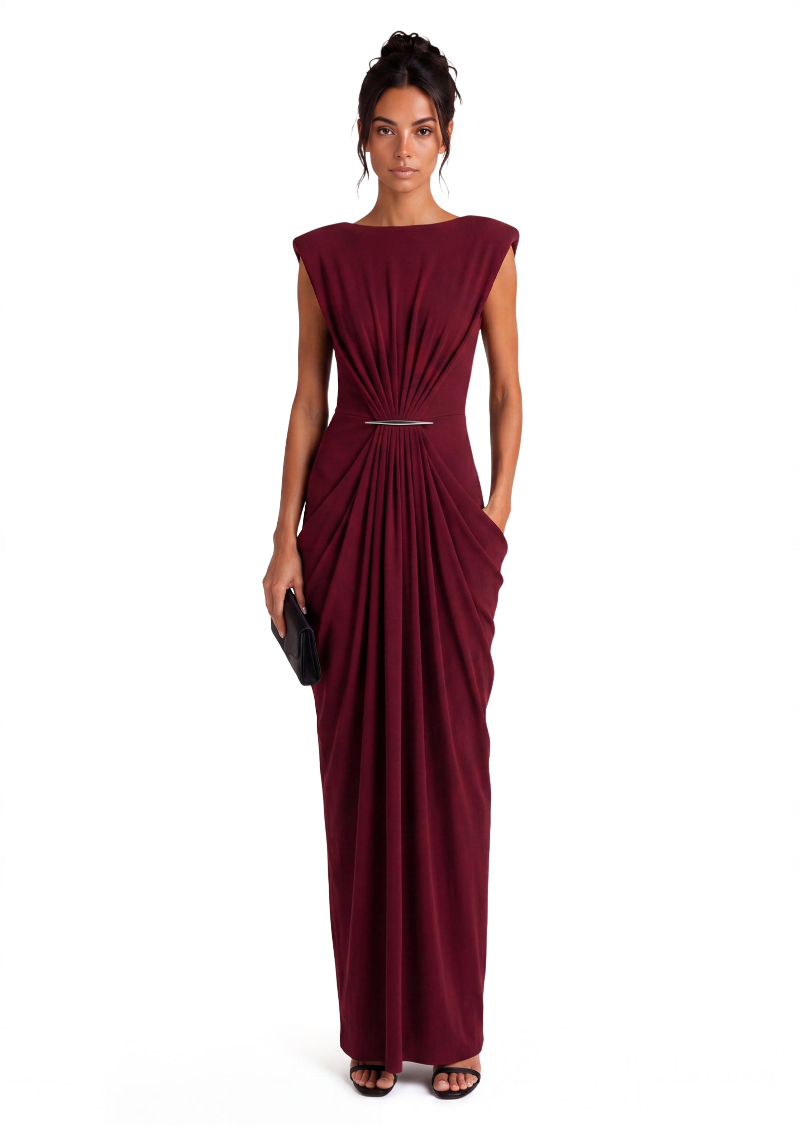 Aceso Sleeveless Ruched Maxi Dress In Claret