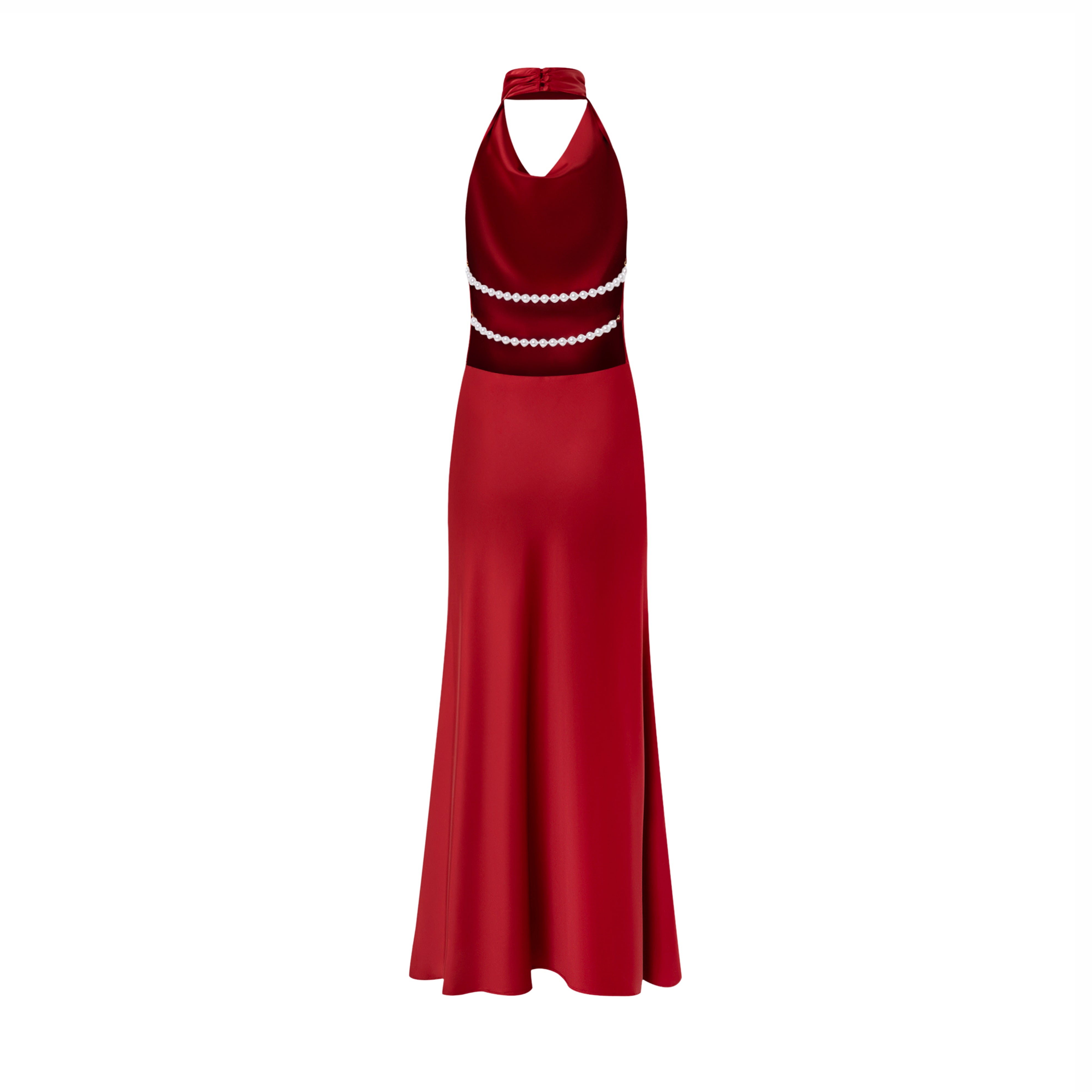 Satin Pearl Decor Maxi Dress In Red