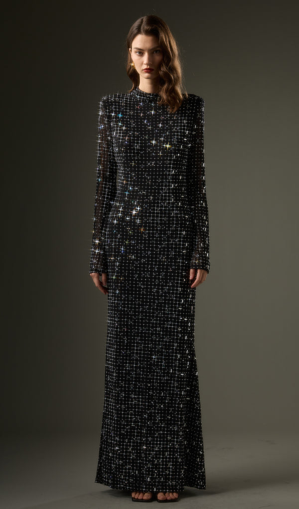 Rhinestone-Embellished Mesh Maxi Dress