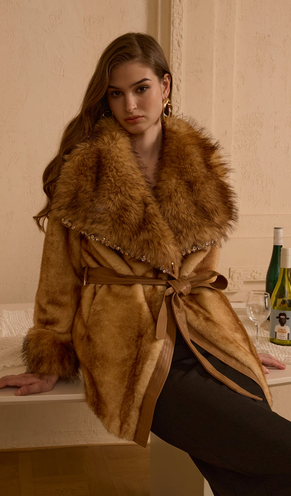 Rhinestone Decoration Tie Fur Coat