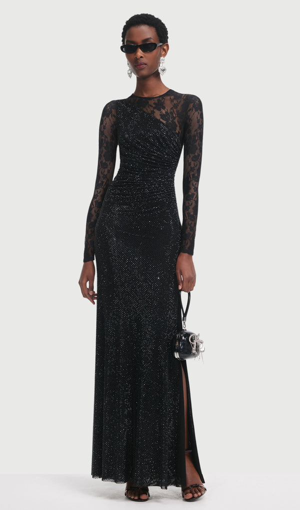 Rhinestone Lace Sleeves Maxi Dress In Black