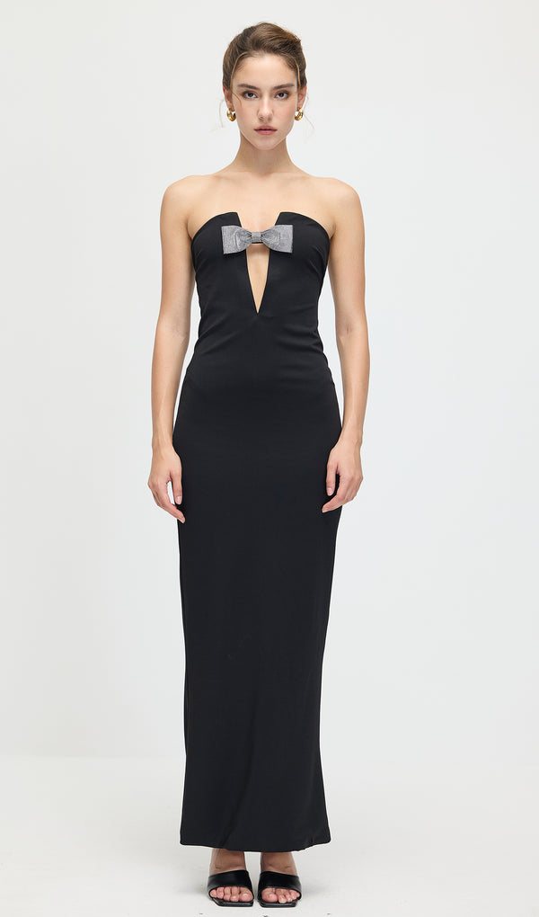 Rhinestone Bow Off Shoulder Cut Out Maxi Dress