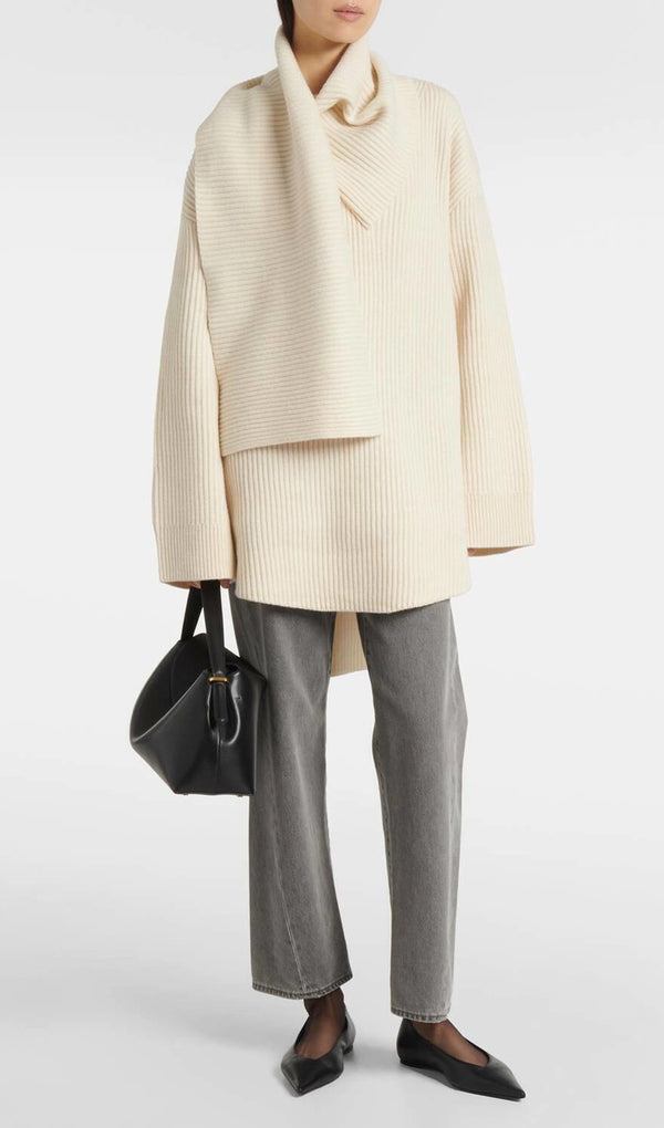 Ribbed-Knit Wool Scarf Sweater In Apricot