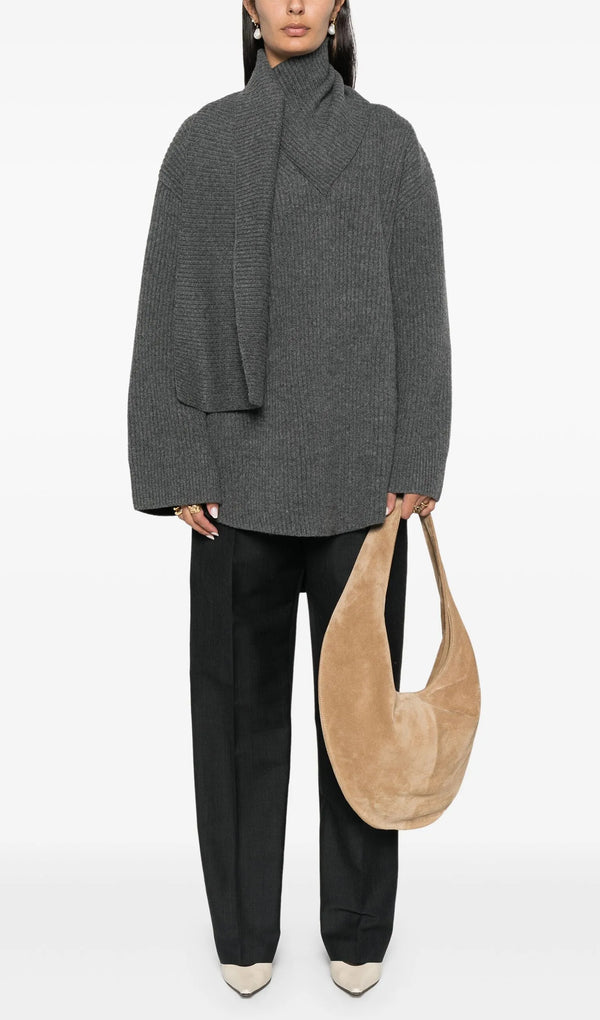 Ribbed-Knit Wool Scarf Sweater In Deep Grey