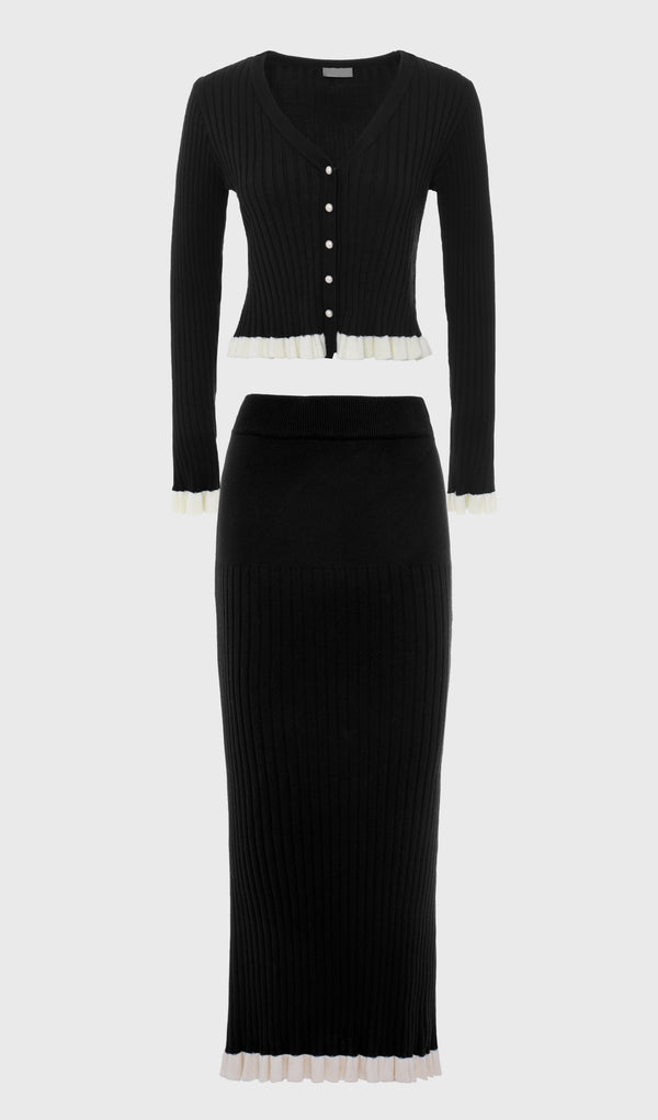 Ribbed Knit Cardigan & Knit Midi Dress Set In Black