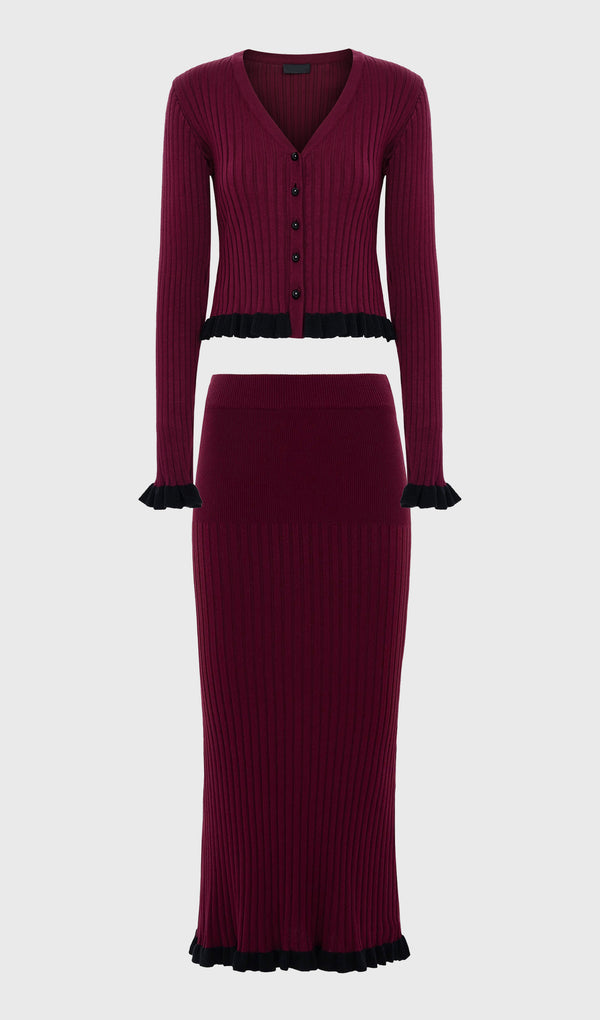 Ribbed Knit Cardigan & Knit Midi Dress Set In Claret