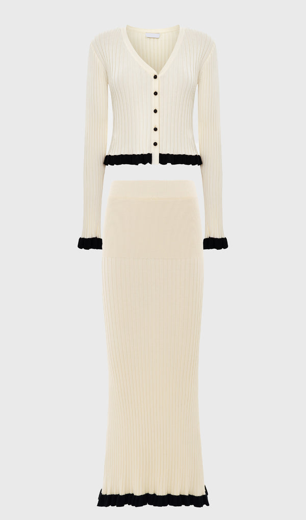 Ribbed Knit Cardigan & Knit Midi Dress Set In White