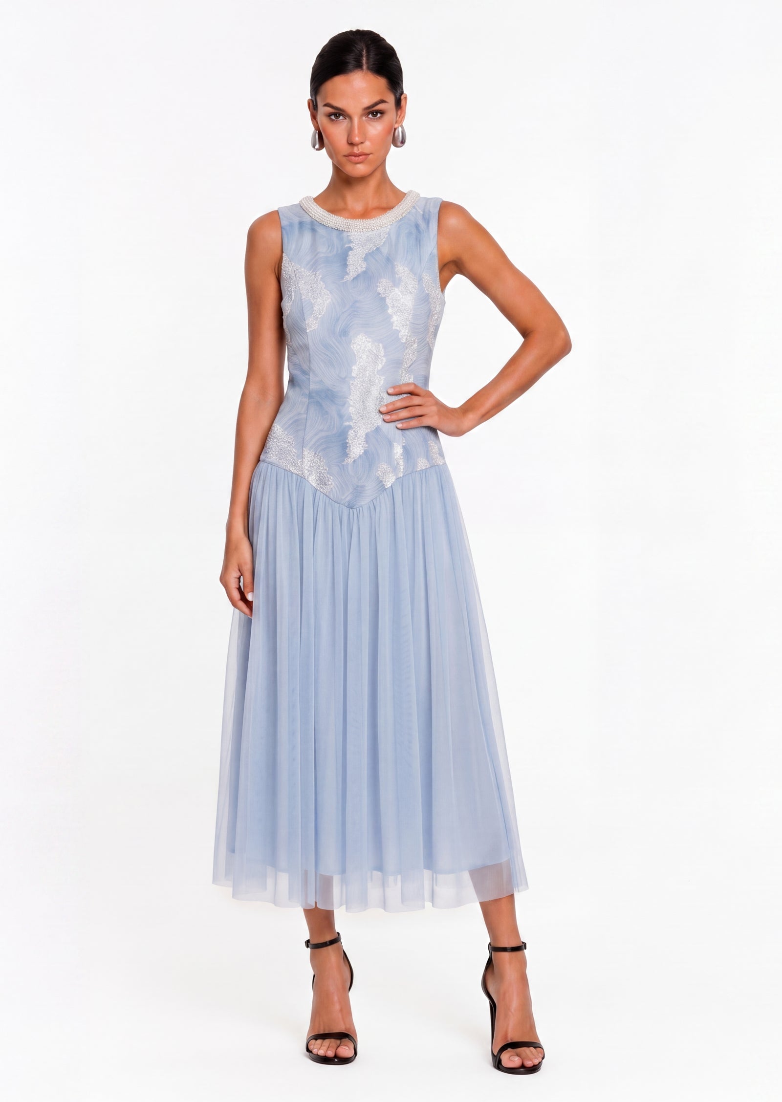Riley Sleeveless Beaded Midi Dress In Blue