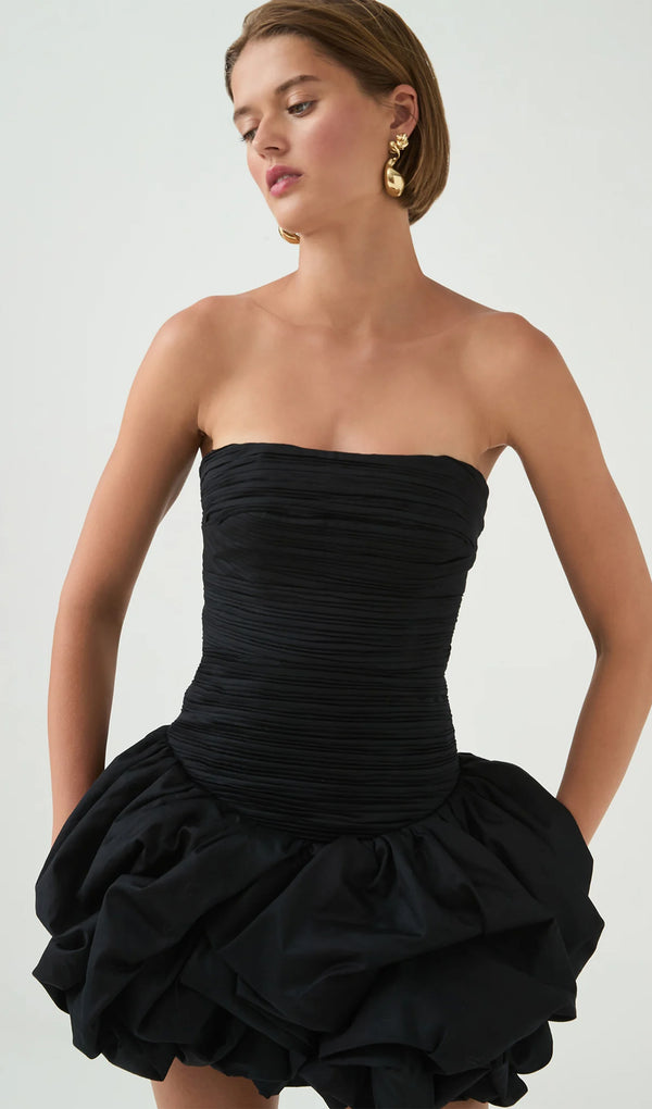 Ruched Bubble Hem Mini Dress In Black