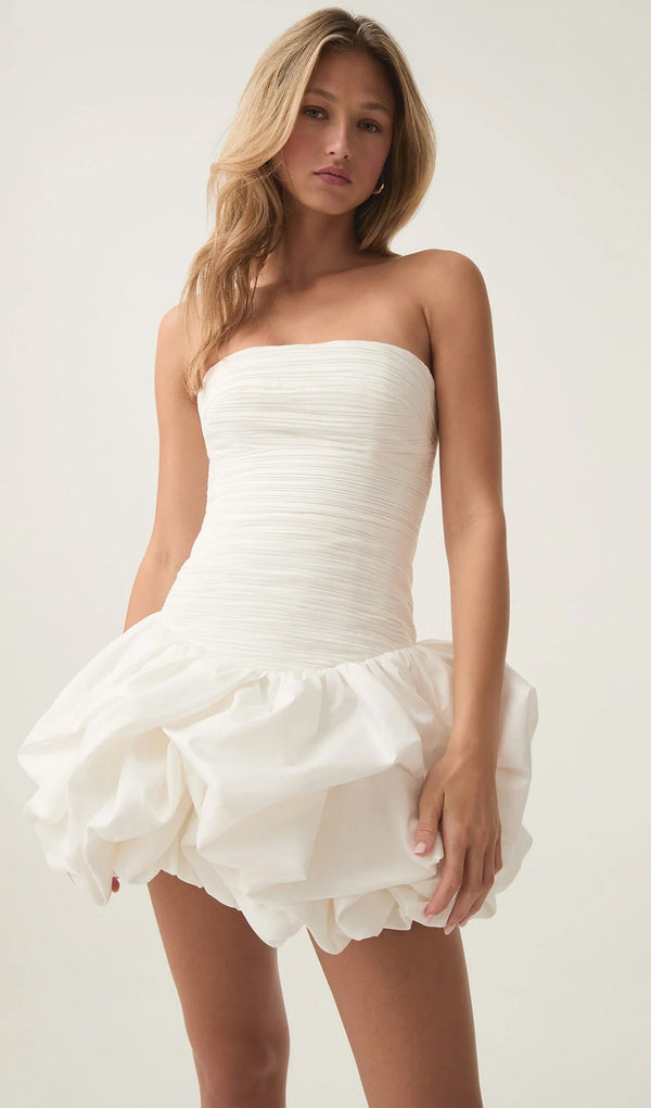 Ruched Bubble Hem Mini Dress In White
