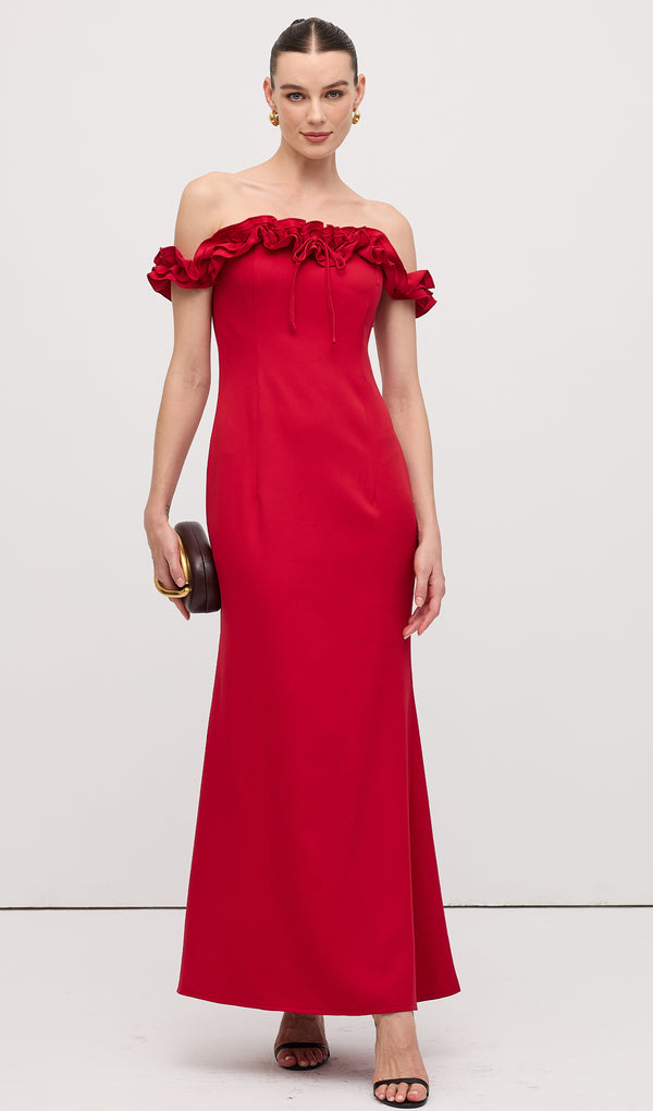Ruffle Off Shoulder Maxi Dress Red