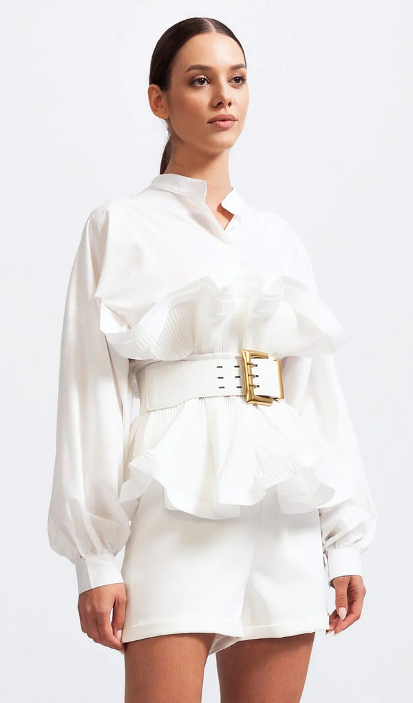Ruffle Shirt With Massive Belt In White