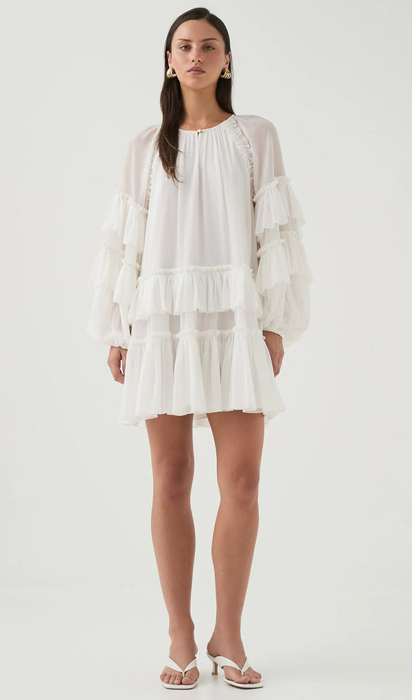 Ruffle Tiered Puff Sleeve Mini Dress In White