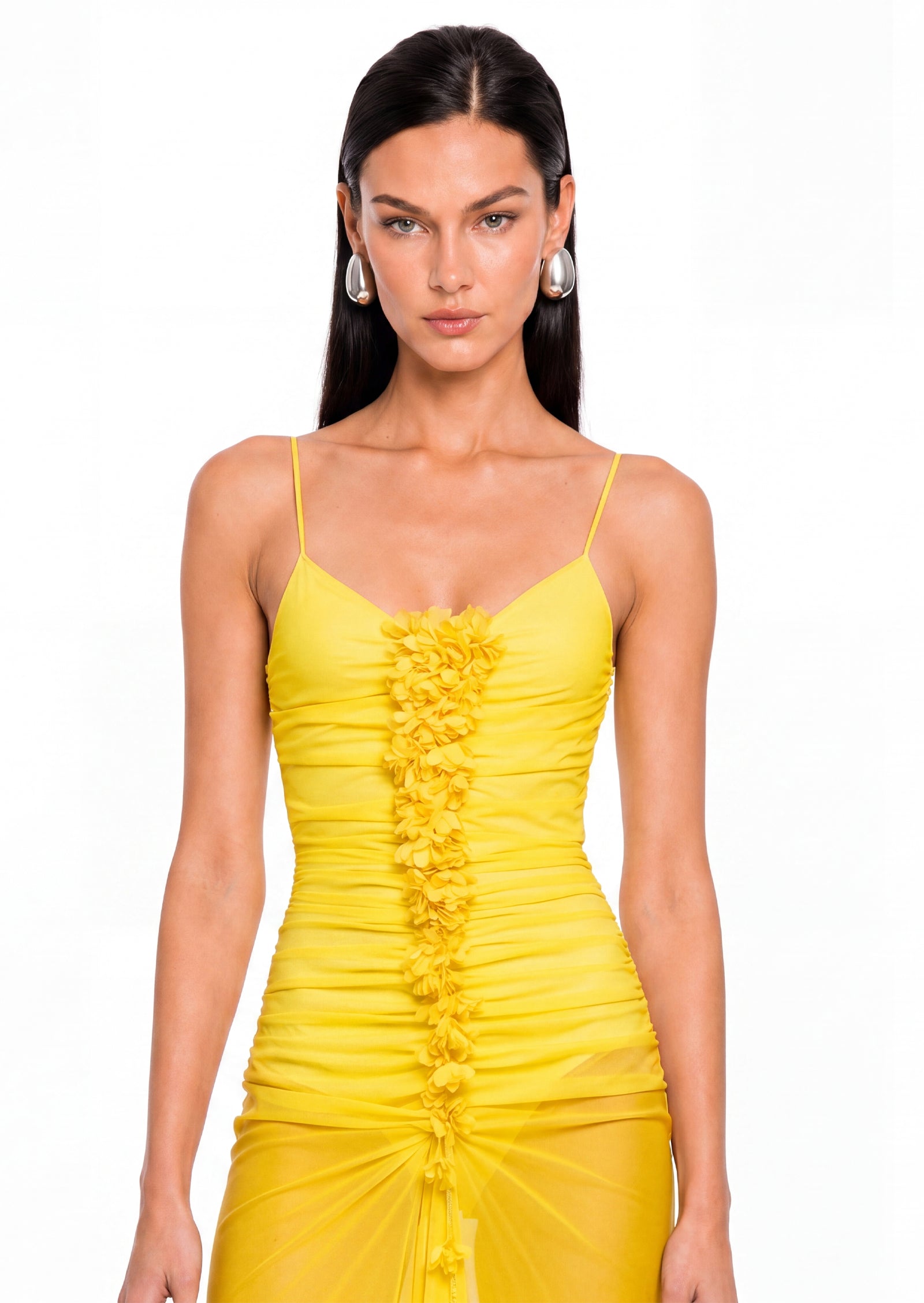 Harlee Ruched Floral Maxi Dress In Yellow