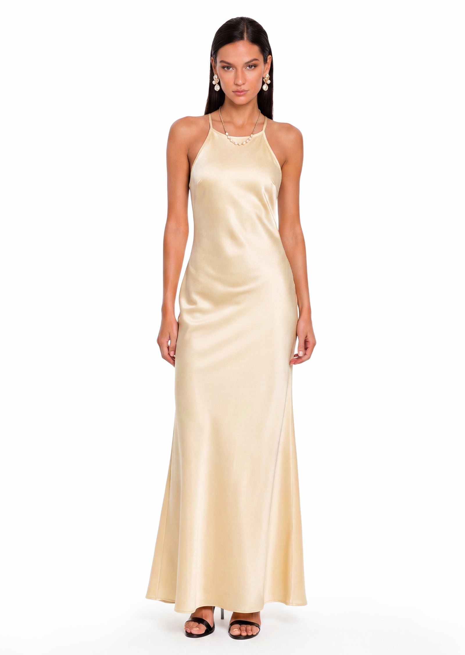 Falan Halter Backless Satin Maxi Dress In Gold
