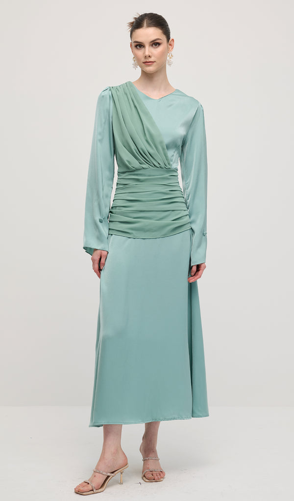 Satin Pleated Lace Up Maxi Dress