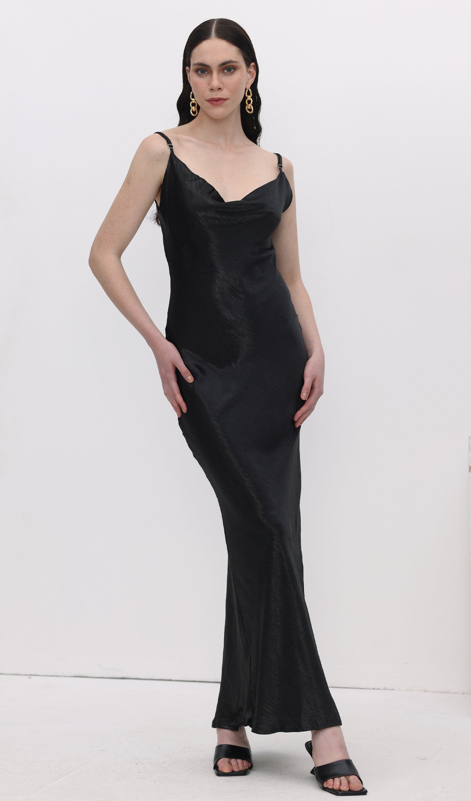 Satin Cowl Neck Backless Slip Dress