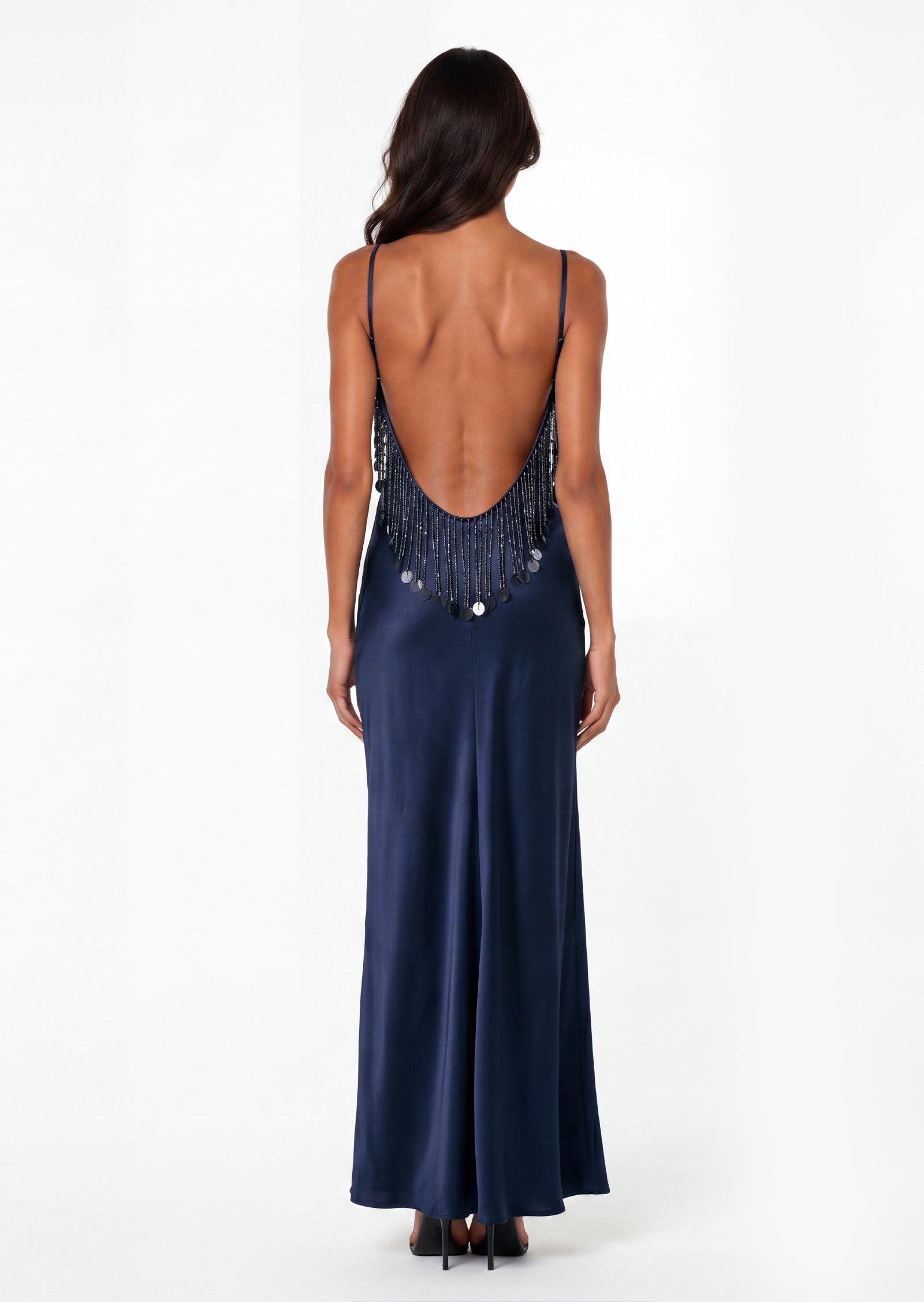 Emmeline Maxi Dress With Fringe In Navy