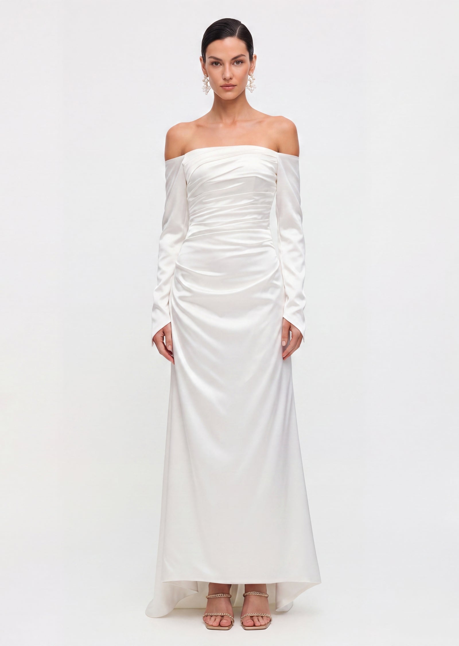 Satin Off Shoulder Ruched Maxi Dress