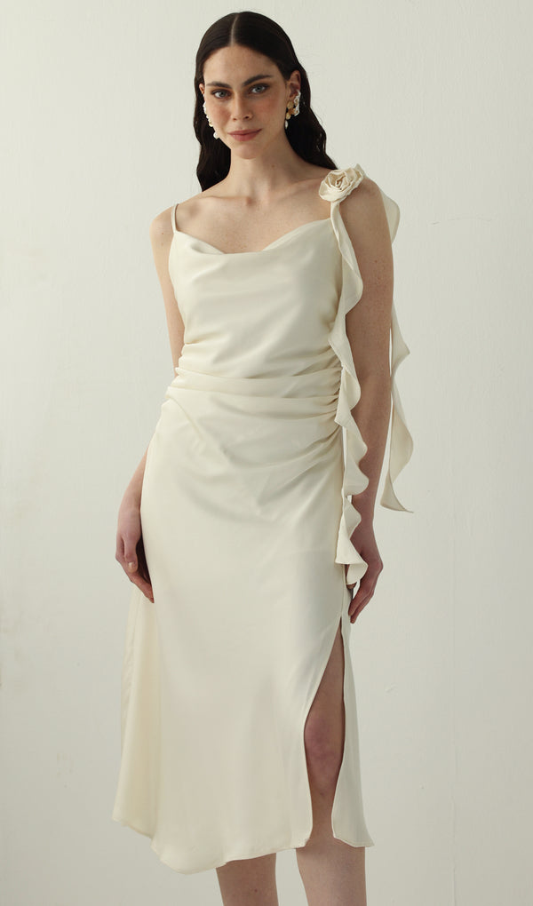 Satin Ruched Midi Slip Dress