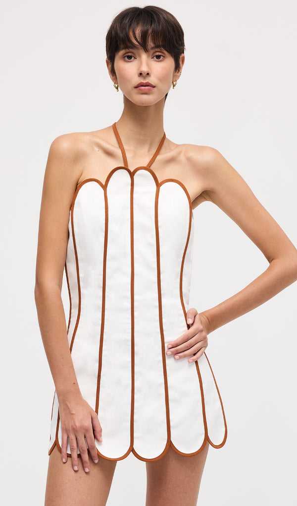 Scalloped Panelled Linen Halter Mini Dress