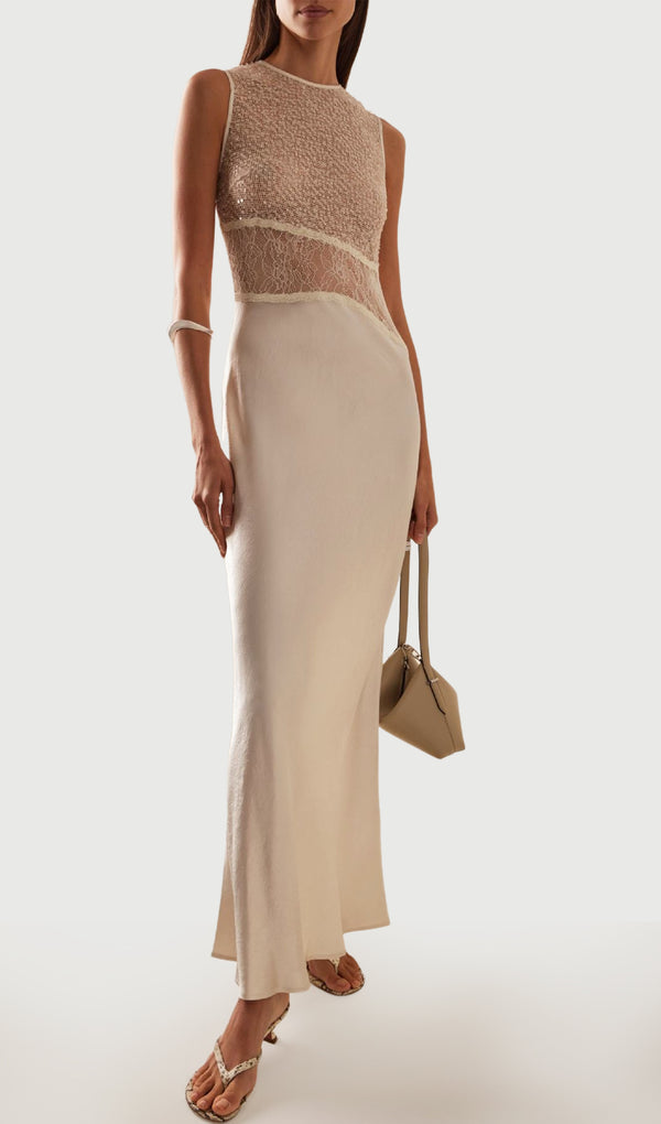 Semi-Sheer Satin Patchwork Maxi Dress