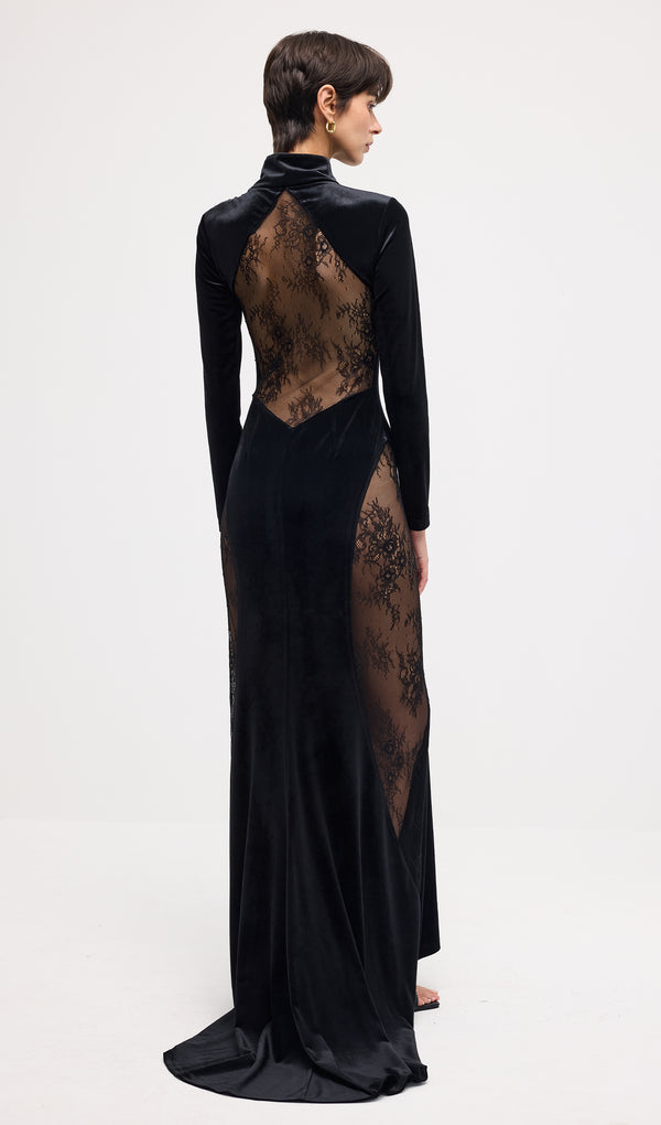 Semi-Sheer Lace Velvet Maxi Dress