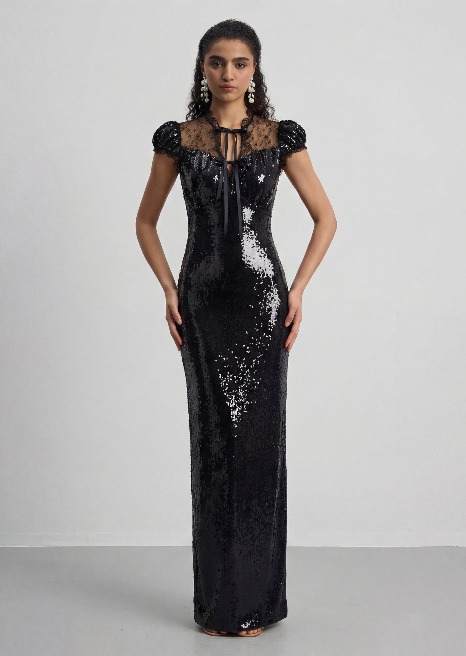 Sequin Cap Sleeve Gown With Lace Details