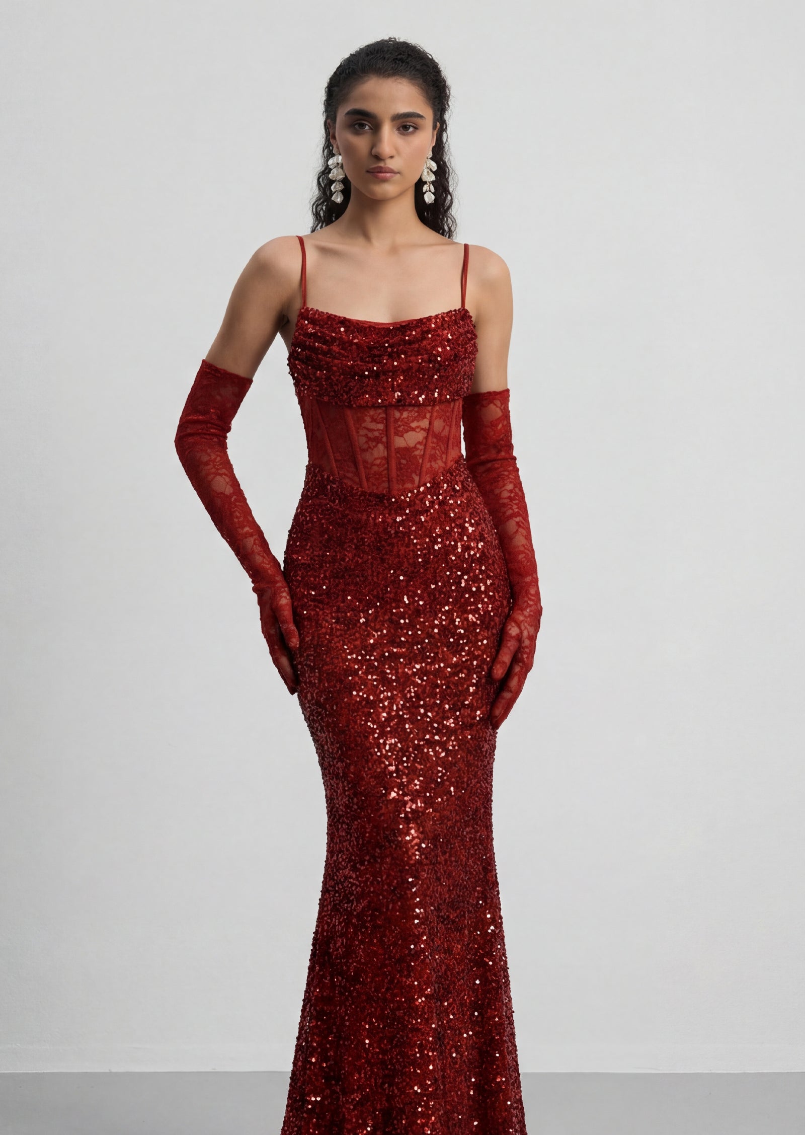 Sequin  Fishtail Hem Maxi Dress In Red