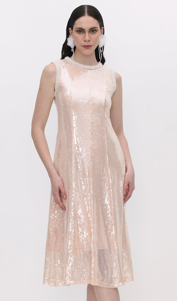 Sequin Embellished Pearl Trim Midi Dress