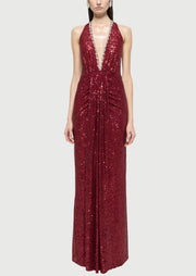 Sequined Halterneck Maxi Dress In Claret