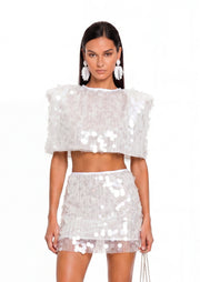 Abishek Sequined Mini Skirt Set In White