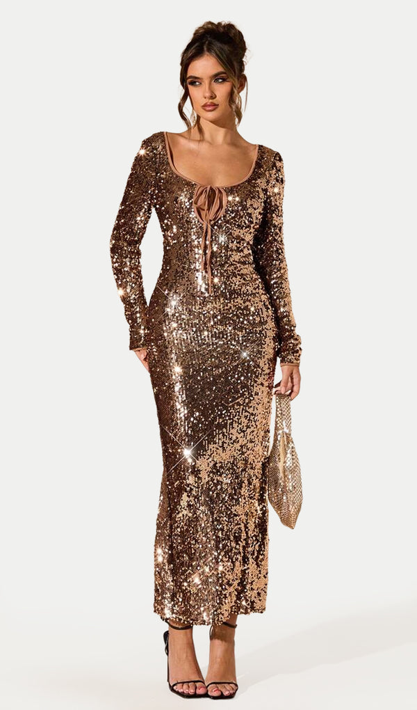Sequined Tie-Up Fitted Midi Dress