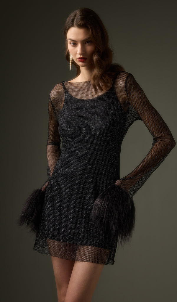 Sheer Rhinestone Mini Dress in Black