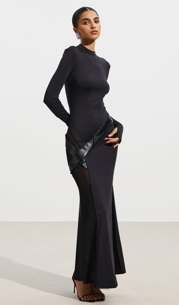 Sheer Patchwork Leather Lace-Up Maxi Dress