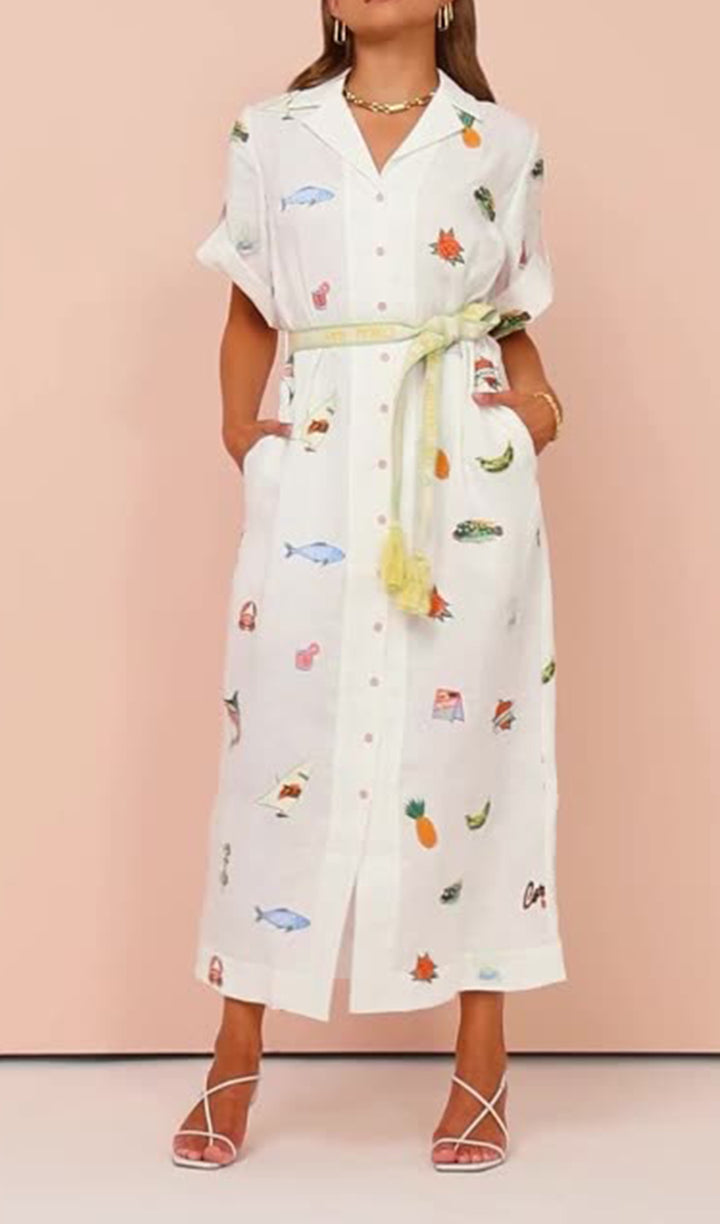 The fashionable cartoon fish print shirt dress brings color to your summer wardrobe. This playful and energetic mid length dress features a hanging waist, short sleeves, and exquisite waistband. Full of vitality, very suitable for any occasion in life.