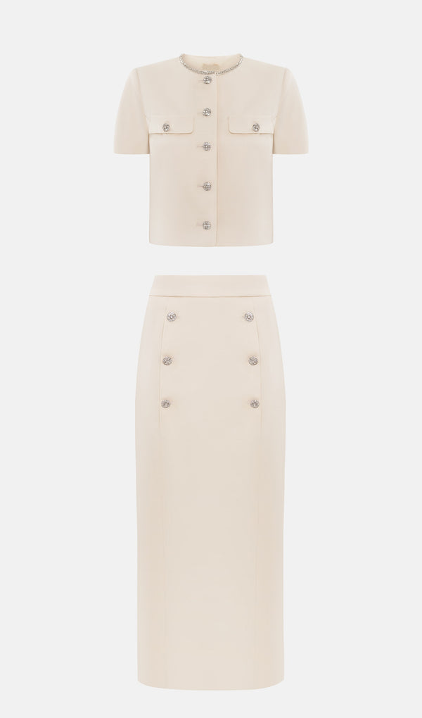 Short Sleeved Jacket & Straight Midi Skirt In Cream